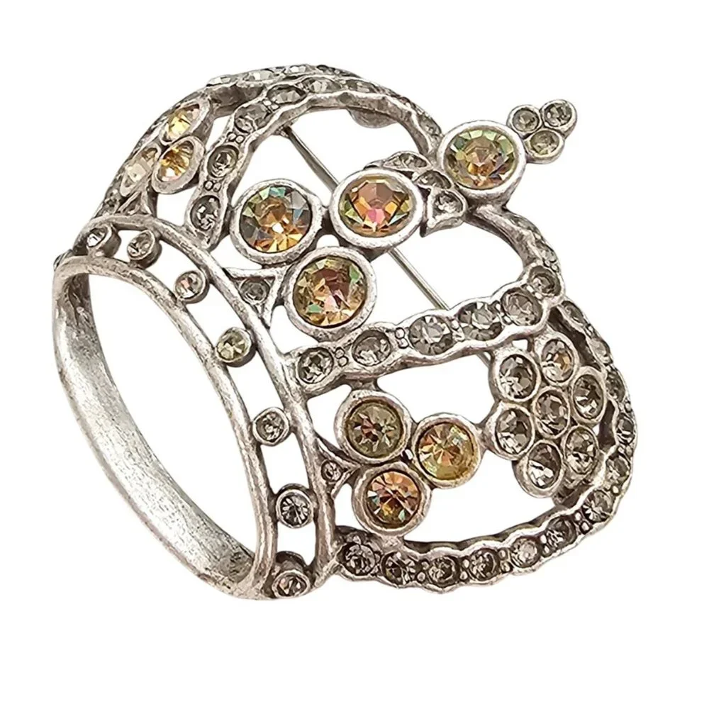 Anne Klein Silver Tone Crown Brooch, Smoky Vitrail Rhinestone Pin Signed, J303